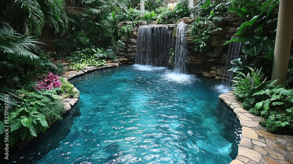 Naklejka premium A serene indoor pool with waterfalls surrounded by lush greenery and vibrant flowers.