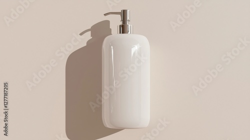 White soap dispenser hanging on a beige wall. the dispenser is cylindrical in shape and has a silver pump on top. it appears to be made of plastic and is empty.