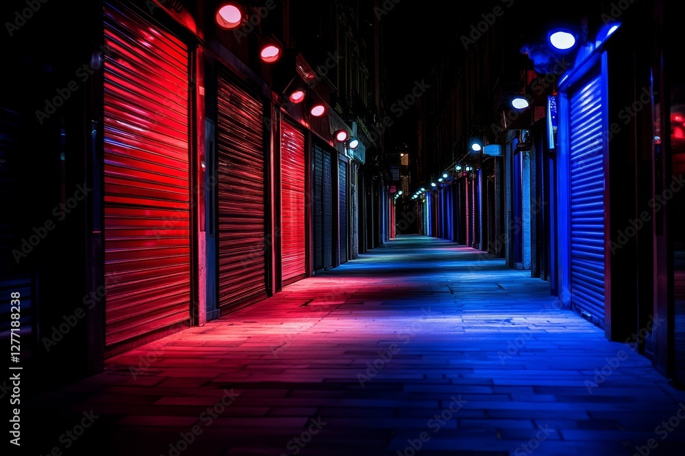 Fototapeta premium Empty Night Street with Colorful Neon Lights and Closed Shutters