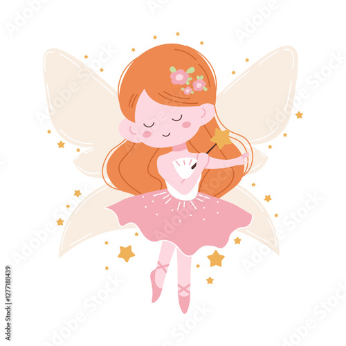 Flat style illustration of a cute fairy with orange hair, holding a magic wand, surrounded by golden stars, ideal for children's designs, fantasy themes, and magical projects.