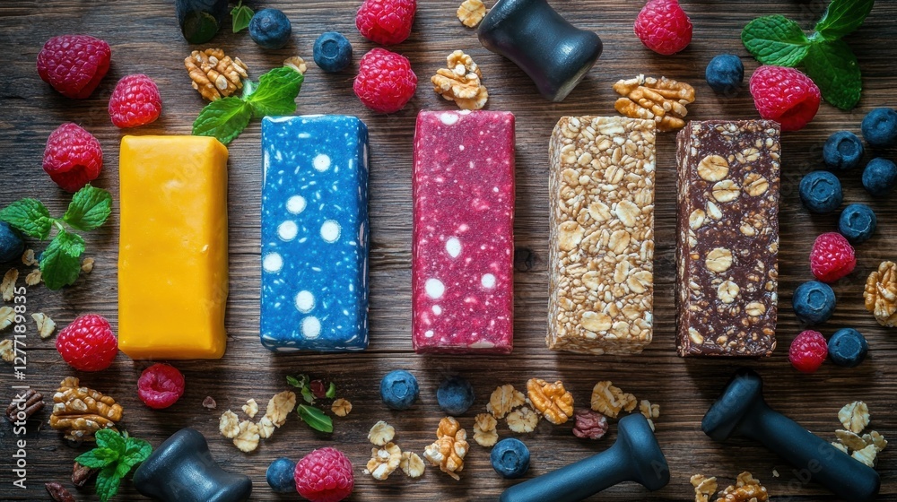Colorful energy bars arranged with berries and nuts on a wooden surface. Colorful energy bars arranged with berries and nuts on a wooden surface.