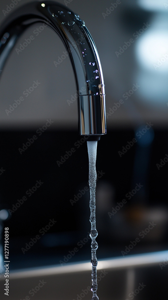 Sleek, contemporary water faucet with water droplets hanging from the spout, reflecting soft light on stainless steel, minimalistic kitchen setting in the background Generative AI Sleek, contemporary water faucet with water droplets hanging from the spout, reflecting soft light on stainless steel, minimalistic kitchen setting in the background Generative AI