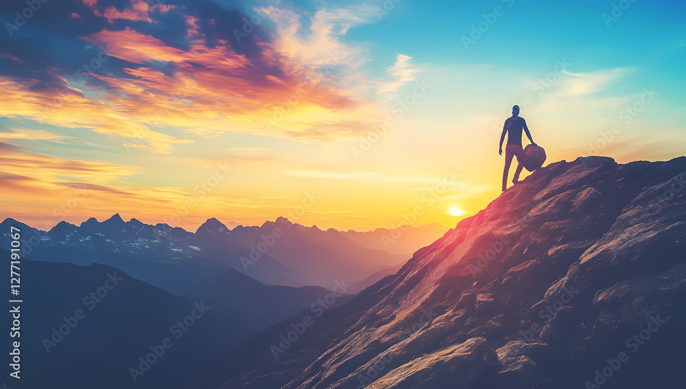 Climbing to the Summit of Ambition: A lone figure stands triumphant atop a rugged mountain peak, silhouetted against a breathtaking sunset, the horizon bathed in fiery hues. Climbing to the Summit of Ambition: A lone figure stands triumphant atop a rugged mountain peak, silhouetted against a breathtaking sunset, the horizon bathed in fiery hues.