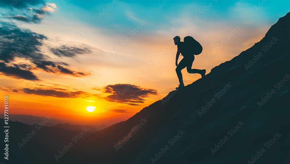 Embrace the Climb: A determined hiker, silhouetted against a breathtaking sunset, ascends a rugged mountain slope, embodying perseverance and the pursuit of goals. Embrace the Climb: A determined hiker, silhouetted against a breathtaking sunset, ascends a rugged mountain slope, embodying perseverance and the pursuit of goals.