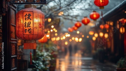 Vibrant lanterns illuminate a traditional street, casting a warm glow on a rainy night.