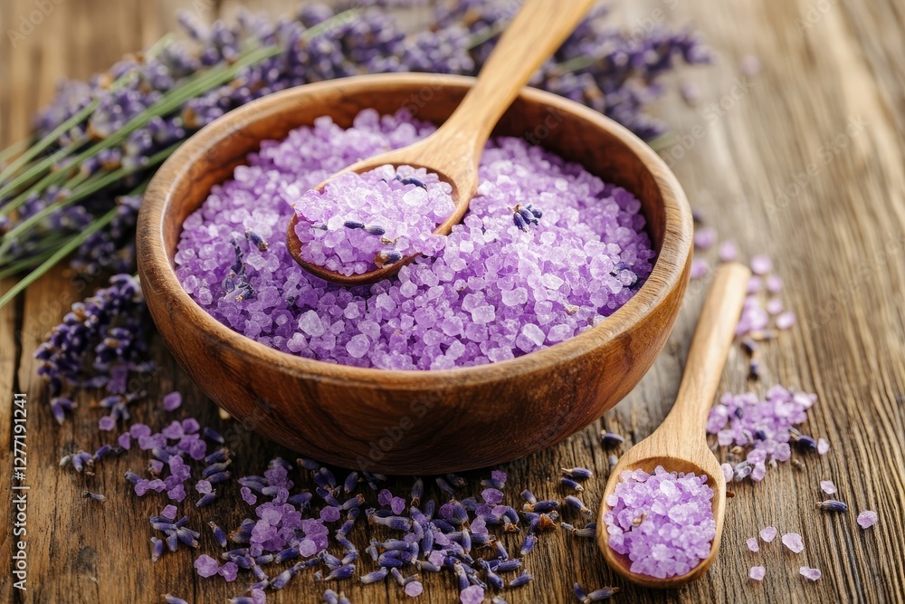 Lavender Bath Salts in Wooden Bowl with Lavender Sprigs Lavender Bath Salts in Wooden Bowl with Lavender Sprigs