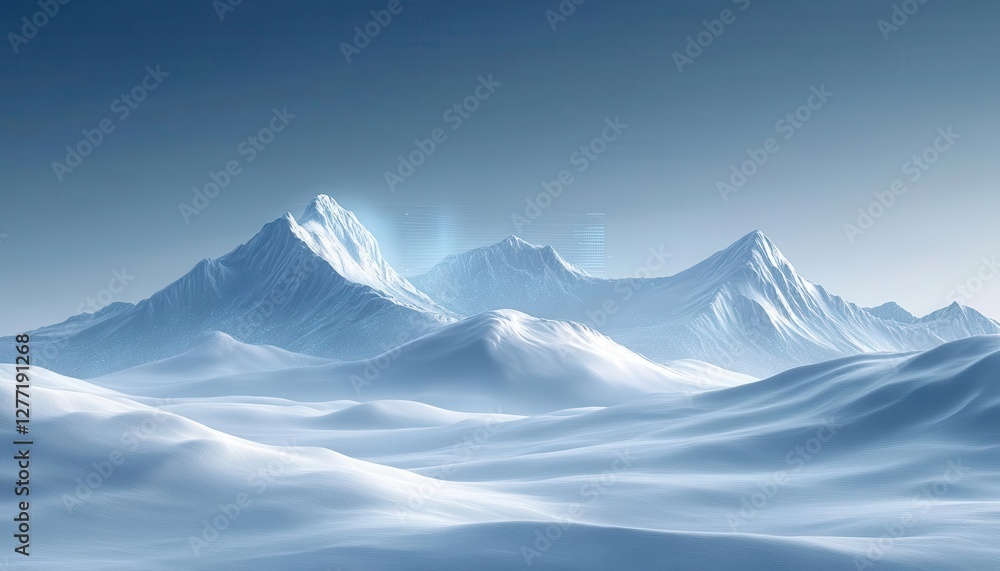 Snowcapped peaks in winter with glowing AR altitude and temperature data, serene mountain setting, soft light, photorealistic Snowcapped peaks in winter with glowing AR altitude and temperature data, serene mountain setting, soft light, photorealistic