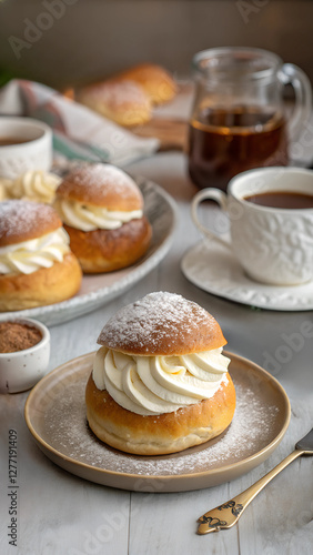Wallpaper Mural A classic Swedish semla bun with whipped cream and powdered sugar, served with coffee in a cozy fika setting. Enjoyed on Fettisdagen, also known as Shrove Tuesday, as part of Swedish fika tradition. Torontodigital.ca