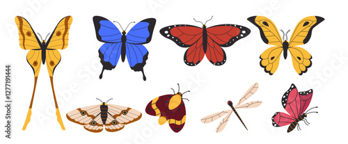 Flat style illustration of various butterflies, moths, and insects in different colors and patterns, ideal for nature-inspired designs, decorative projects, and educational materials.