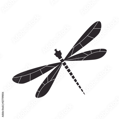 Black and white illustration of a dragonfly with intricate wings and a segmented body, perfect for nature-inspired designs, tattoos, and decorative prints.