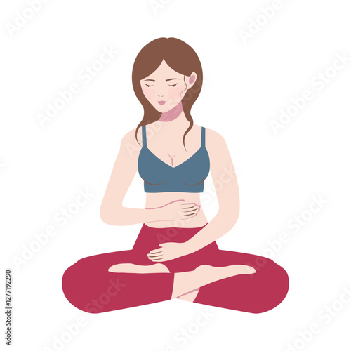 Flat style illustration of a woman practicing meditation in a seated position, focusing on breathing and relaxation. Ideal for wellness, mindfulness, self-care, and yoga-related projects.