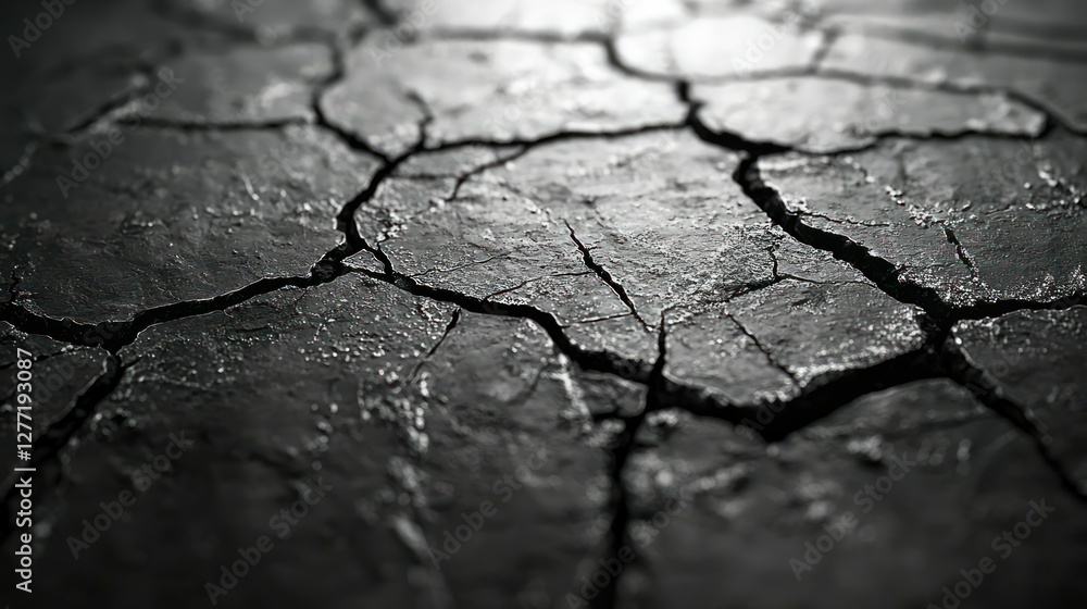 Fototapeta premium Close-up cracked earth, dry ground, sunlight, drought