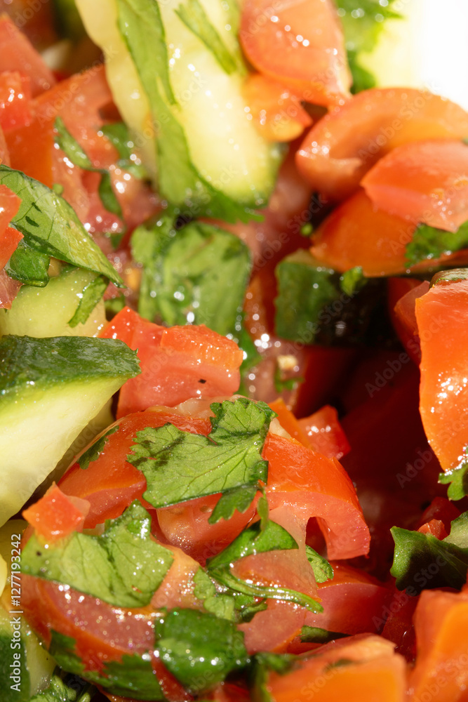 A chunky salsa salad of tomatoes and cucumber and herbs close up of salad vegetables A chunky salsa salad of tomatoes and cucumber and herbs close up of salad vegetables