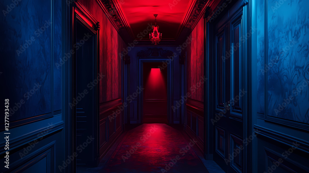 Eerie hallway with red light, dark blue walls. Spectral Victorian Mansion. Illustration Eerie hallway with red light, dark blue walls. Spectral Victorian Mansion. Illustration