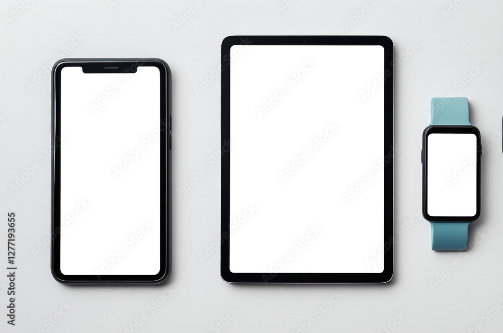 electronic devices - a tablet, a laptop, a smart watch, and a smartphone - arranged in a horizontal line. The tablet is on the left side of the image, the laptop is in the center, and the smartphone electronic devices - a tablet, a laptop, a smart watch, and a smartphone - arranged in a horizontal line. The tablet is on the left side of the image, the laptop is in the center, and the smartphone