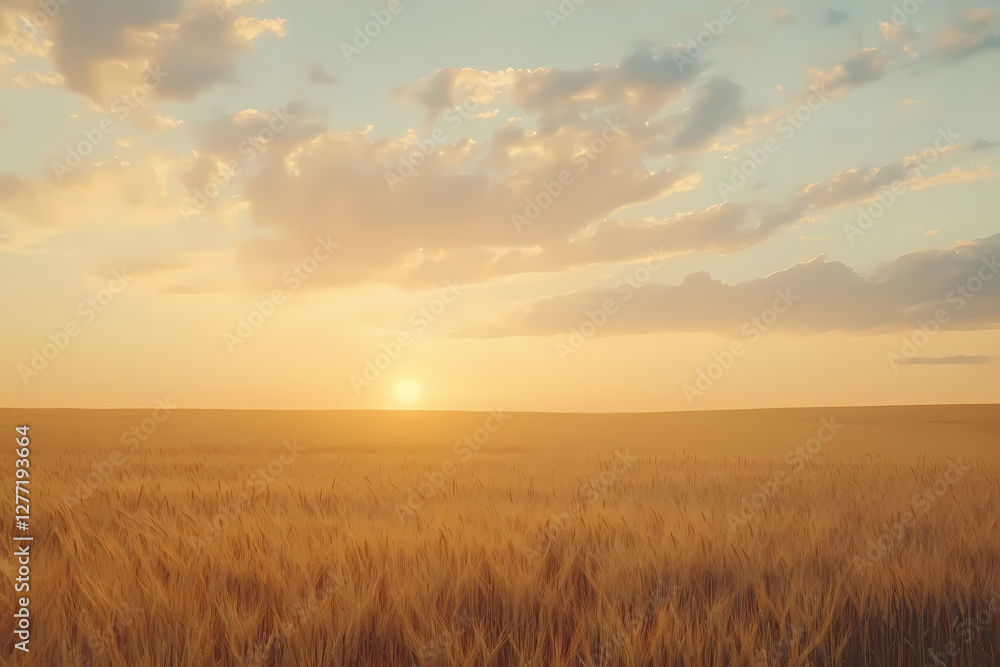 Golden Hour Over Wheat Field: A vast expanse of golden wheat fields stretches towards the horizon, bathed in the warm, inviting glow of the setting sun. Wispy clouds dance in the sky above. Golden Hour Over Wheat Field: A vast expanse of golden wheat fields stretches towards the horizon, bathed in the warm, inviting glow of the setting sun. Wispy clouds dance in the sky above.
