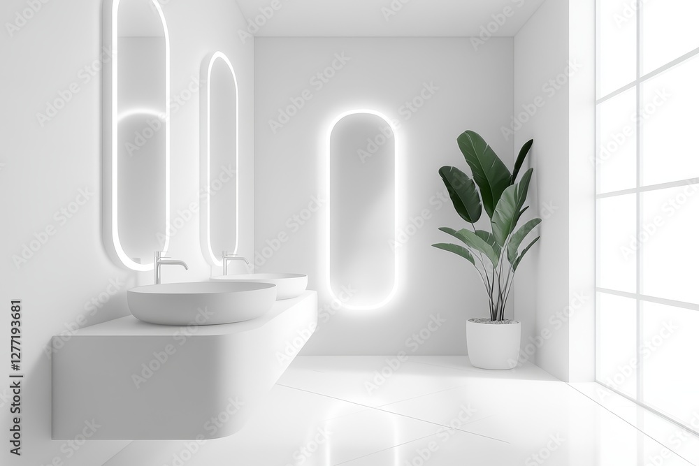 Fototapeta premium Modern Minimalist Bathroom Design with Elegant Fixtures and Plants