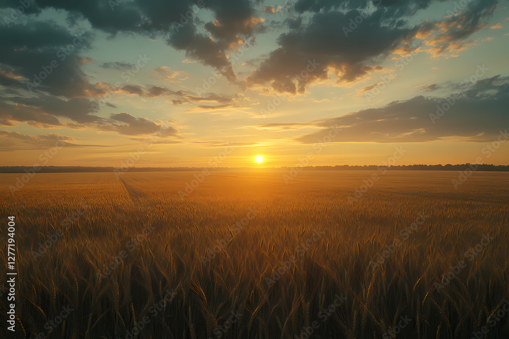 Golden Hour Over Wheat Field: A serene landscape where the sun dips below the horizon, casting a golden glow over a vast wheat field, with dramatic clouds. Golden Hour Over Wheat Field: A serene landscape where the sun dips below the horizon, casting a golden glow over a vast wheat field, with dramatic clouds.