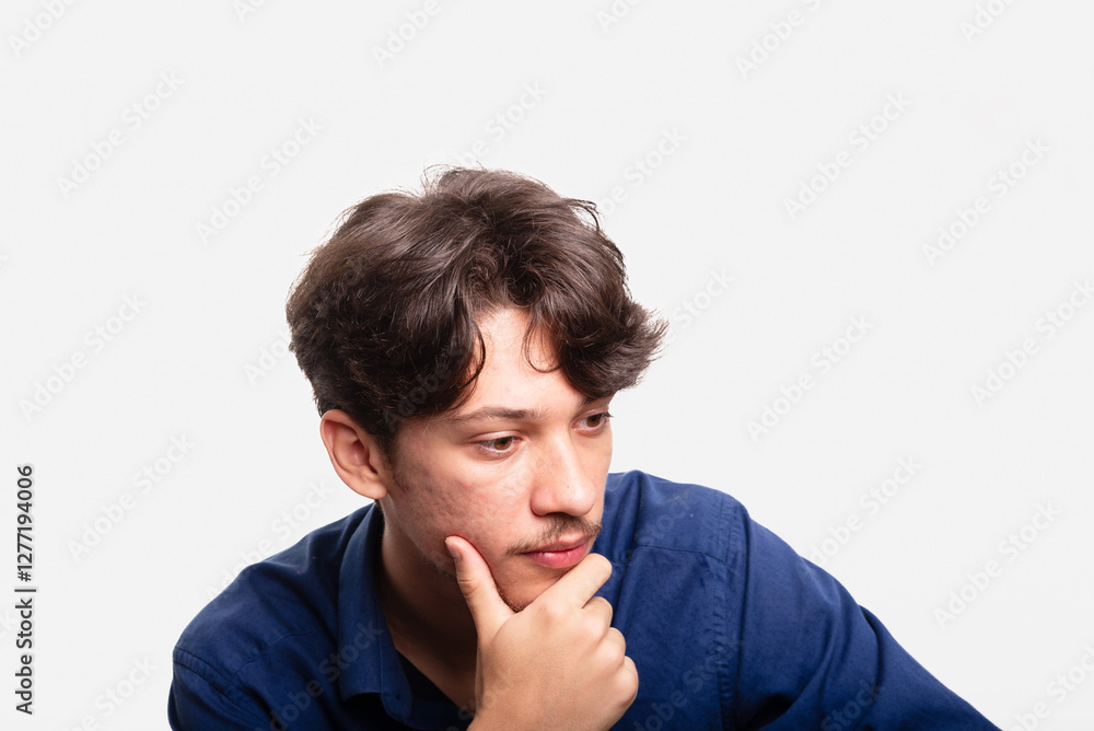 Young handsome student with black hair and blue shirt, sitting, looking seriously at the camera. Isolated on white background. Confident person. Young handsome student with black hair and blue shirt, sitting, looking seriously at the camera. Isolated on white background. Confident person.