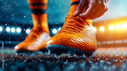 Wallpaper Mural Football Player Tying Boots with Stadium Lights Glowing in the Background During Night Game or Training Session on the Field Torontodigital.ca
