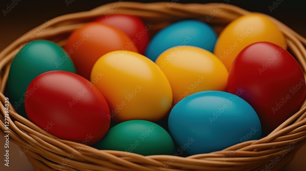 Close up, big wicker basket filled colorful easter eggs, greeting card Close up, big wicker basket filled colorful easter eggs, greeting card
