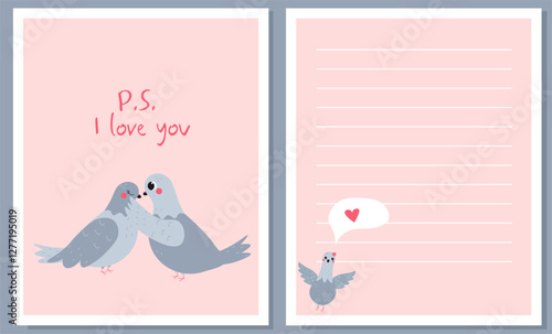 Flat style Valentine's Day illustration featuring two pigeons with the phrase "P.S. I love you" and a lined page for notes, ideal for romantic messages, greeting cards, and festive designs.