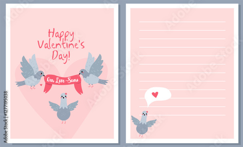 Flat style Valentine's Day illustration featuring pigeons holding a ribbon with the phrase "Our Love Soars" and a lined page for notes, perfect for romantic messages and festive cards.