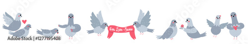 Flat style illustration of pigeons in love with romantic elements, featuring hearts, flowers, and a love banner, perfect for Valentine's Day, wedding invitations, and romantic-themed designs.