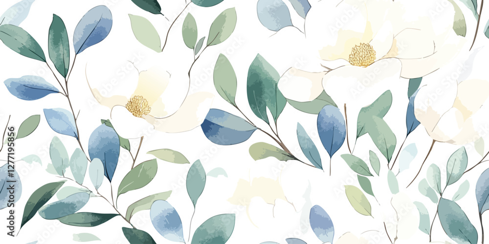 Elegant and vibrant floral pattern with pastel beige flowers and green blue leaves on a white background or greetings, invitations, manufacture wrapping paper, textile and web design Elegant and vibrant floral pattern with pastel beige flowers and green blue leaves on a white background or greetings, invitations, manufacture wrapping paper, textile and web design