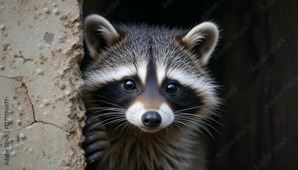 Peekaboo raccoon peering from behind wall Peekaboo raccoon peering from behind wall