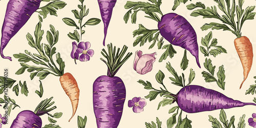 Watercolor vector vintage seamless pattern of Purple orange carrots, isolated on a beige background