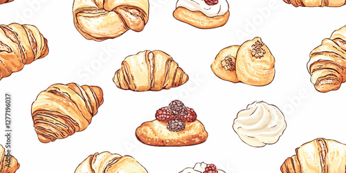 Seamless vector pattern featuring watercolor cakes and buns on white background perfect for fabric wallpaper or textile design