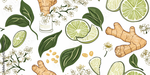 Seamless vector pattern of fresh vegetables on white background, root of ginger, lemon, mint, Jasmine tea, botanical illustration background