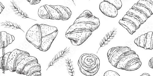 Pastry vector pattern, seamless background with hand drawn bakery products, illustrations of croissants, loaves of bread, toast, and wheat stalks