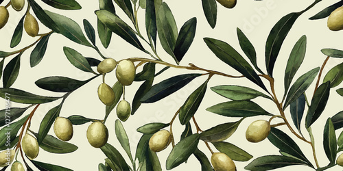 Seamless vector pattern of green olives and green leaves in repeating motif on beige vintage background