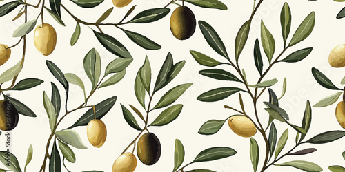 Seamless vector pattern of green olives and green leaves in repeating motif on beige vintage background