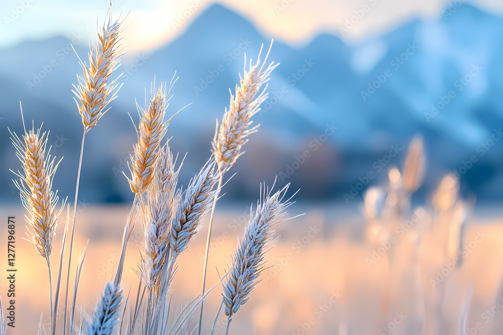 Golden Wheat Field and Misty Mountains: The image captures a serene scene of golden wheat stalks in a field, with a soft focus on the misty mountains in the background, bathed in a warm. Golden Wheat Field and Misty Mountains: The image captures a serene scene of golden wheat stalks in a field, with a soft focus on the misty mountains in the background, bathed in a warm.