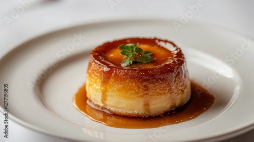 Thick and glossy caramel oozing between layers of a warm buttery pastry the sticky golden sweetness melting beautifully for the ultimate dessert experience