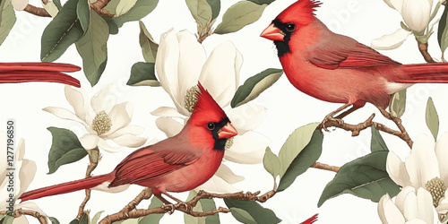 Red northern cardinal birds seamless pattern. Spring flat vector illustration with bird, branches and magnolia flowers, cartoon cute style. Design element for wrapping, wallpaper, banner background