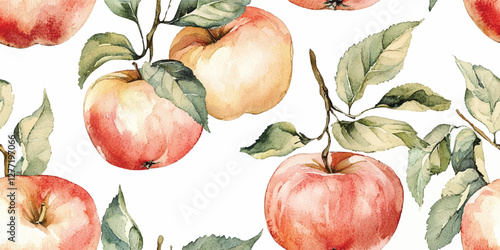 Watercolor seamless pattern of red apples. flowers and green leaves on a white background