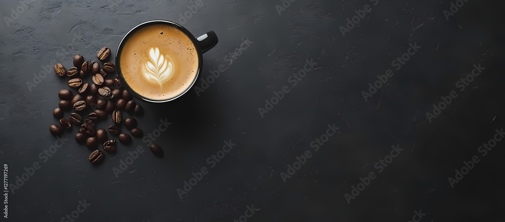 Latte Art: A beautifully crafted latte sits beside a cluster of roasted coffee beans. The dark background accentuates the drink's artistic foam design and the rich brown of the beans. Latte Art: A beautifully crafted latte sits beside a cluster of roasted coffee beans. The dark background accentuates the drink's artistic foam design and the rich brown of the beans.