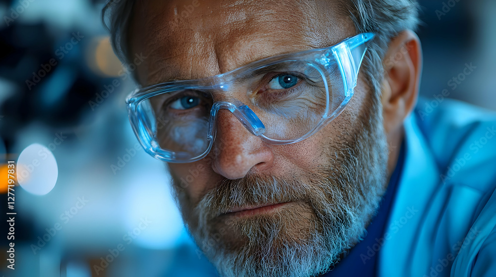 Focused Scientist in Safety Glasses in Blue Light Laboratory Environment Focused Scientist in Safety Glasses in Blue Light Laboratory Environment
