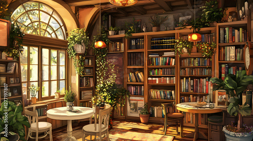 Literary Haven: An inviting scene of a cozy library room, bathed in natural light, with bookshelves overflowing with literary treasures, and comfortable seating.
