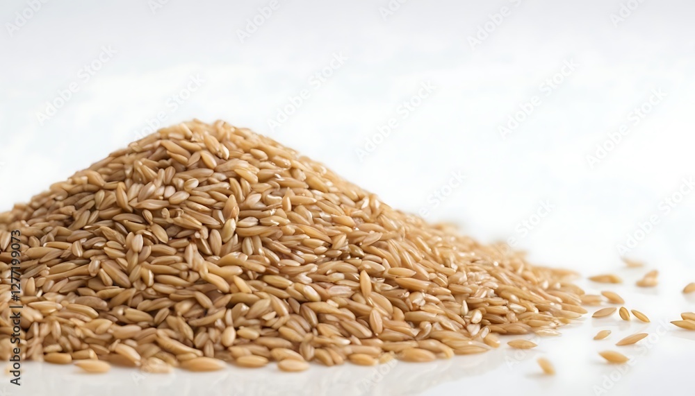 Obraz premium Brown rice on white background,Pile of uncooked brown rice isolated on white background close up,horizontal, no people, photography, seed, ingredient, white background, food, organic, brown rice,643