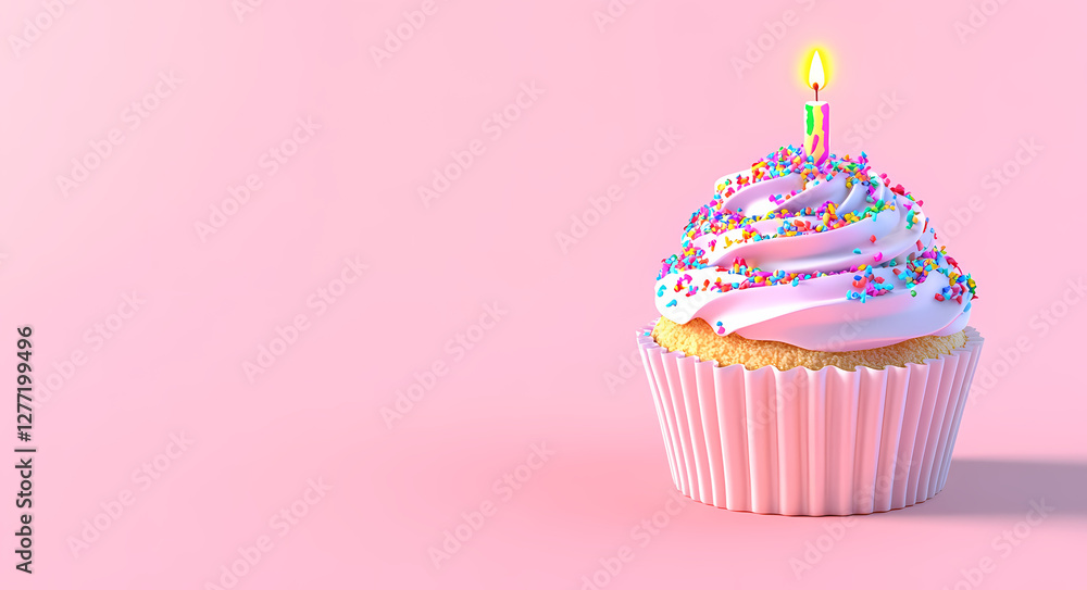 Birthday Cupcake: A delectable cupcake with pastel pink frosting and colorful sprinkles, topped with a single lit candle. The scene evokes joy and celebration. Birthday Cupcake: A delectable cupcake with pastel pink frosting and colorful sprinkles, topped with a single lit candle. The scene evokes joy and celebration.