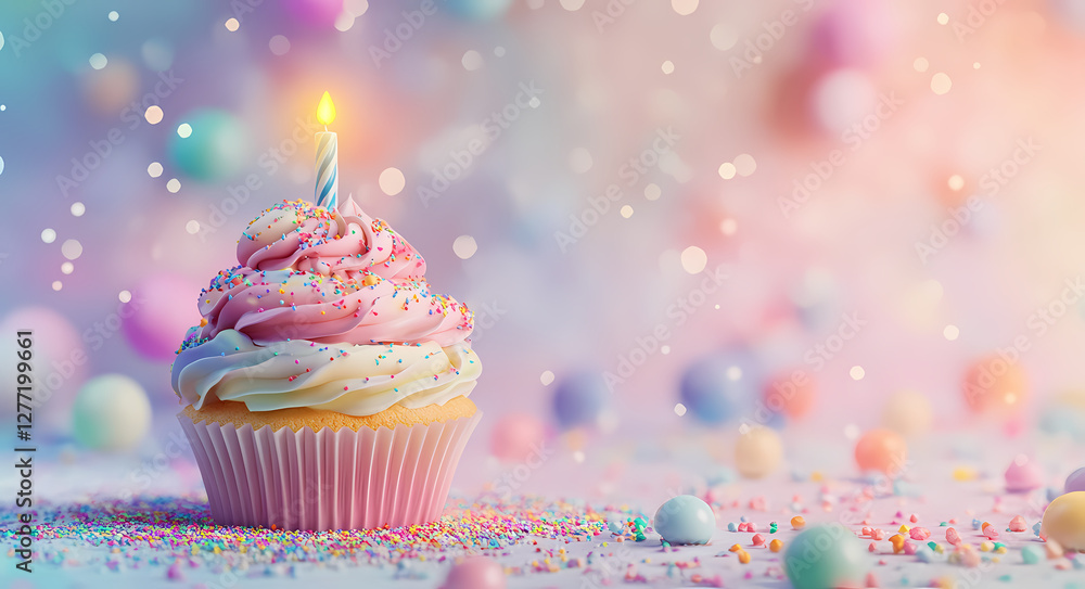 A Delicious Celebration: A single, beautifully decorated cupcake with a lit candle sits amidst a whimsical, colorful scattering, perfect for birthdays, parties, or special moments. A Delicious Celebration: A single, beautifully decorated cupcake with a lit candle sits amidst a whimsical, colorful scattering, perfect for birthdays, parties, or special moments.