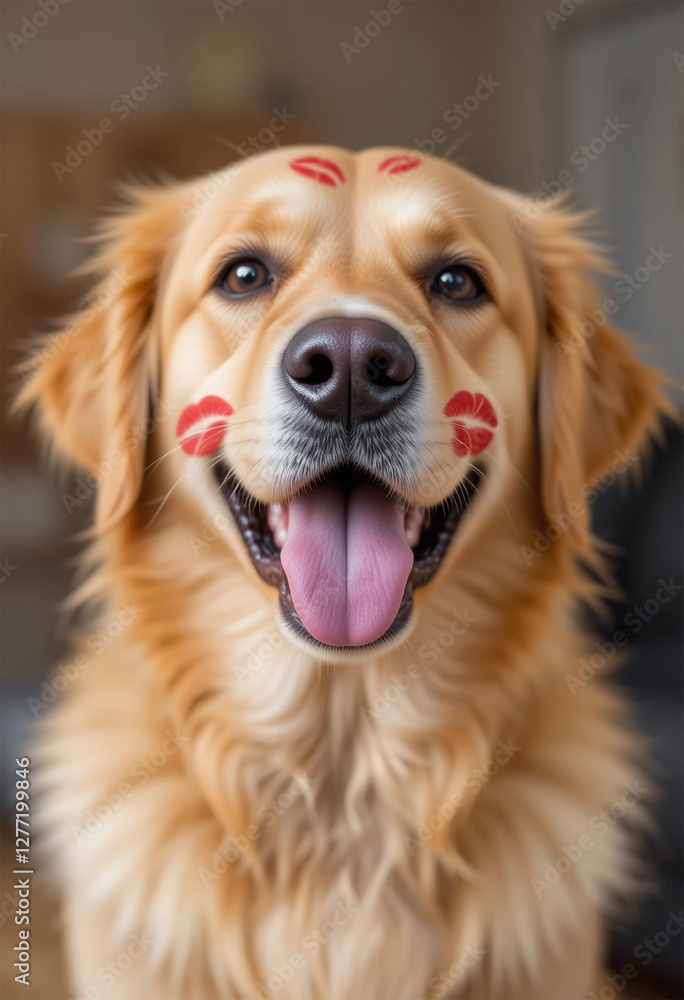 Happy Golden Retriever dog with red lipstick kisses prints on its face, joyful expression with open mouth Happy Golden Retriever dog with red lipstick kisses prints on its face, joyful expression with open mouth