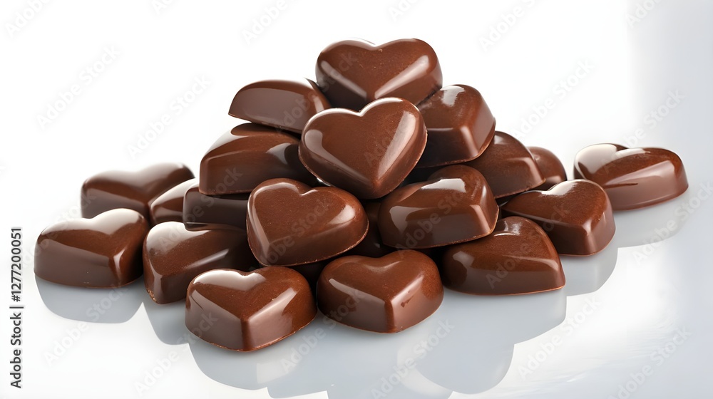 A pile of shiny, brown chocolate heart-shaped candies is centered in the image. The hearts are glossy, reflecting light, and vary slightly in size, creating a textured appearance. A pile of shiny, brown chocolate heart-shaped candies is centered in the image. The hearts are glossy, reflecting light, and vary slightly in size, creating a textured appearance.