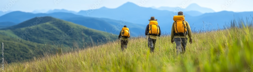 Journey through tall grass people hiking towards majestic mountains in breathtaking landscape Journey through tall grass people hiking towards majestic mountains in breathtaking landscape