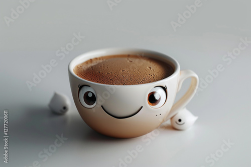 Cartoon coffee cup with smile, cute marshmallows, symbol happiness and morning energy, coffee shop branding, packaging, marketing materials, morning routine content, and inspirational lifestyle design